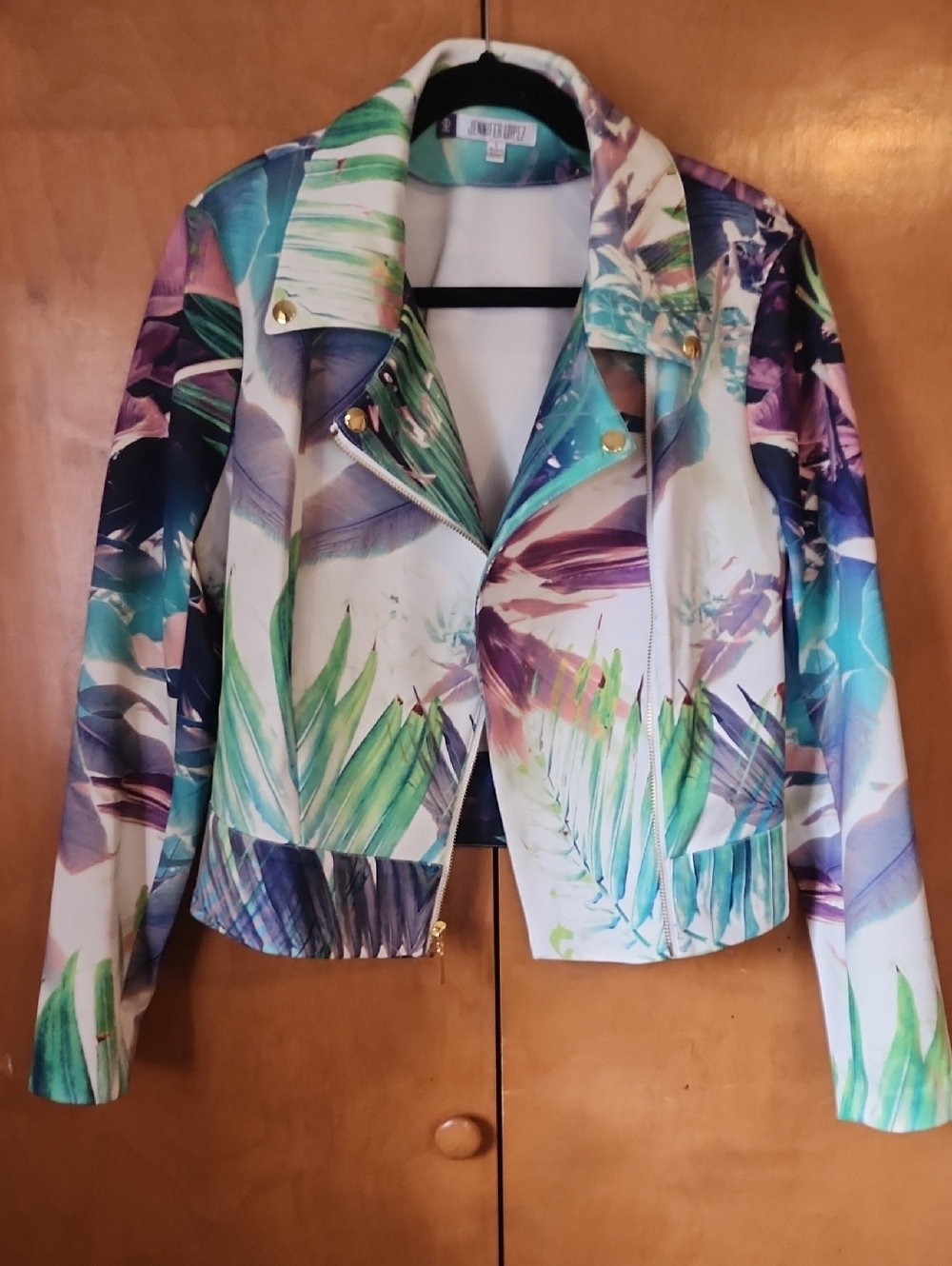 Jennifer Lopez Multicolor Tropical-Print Moto Jacket